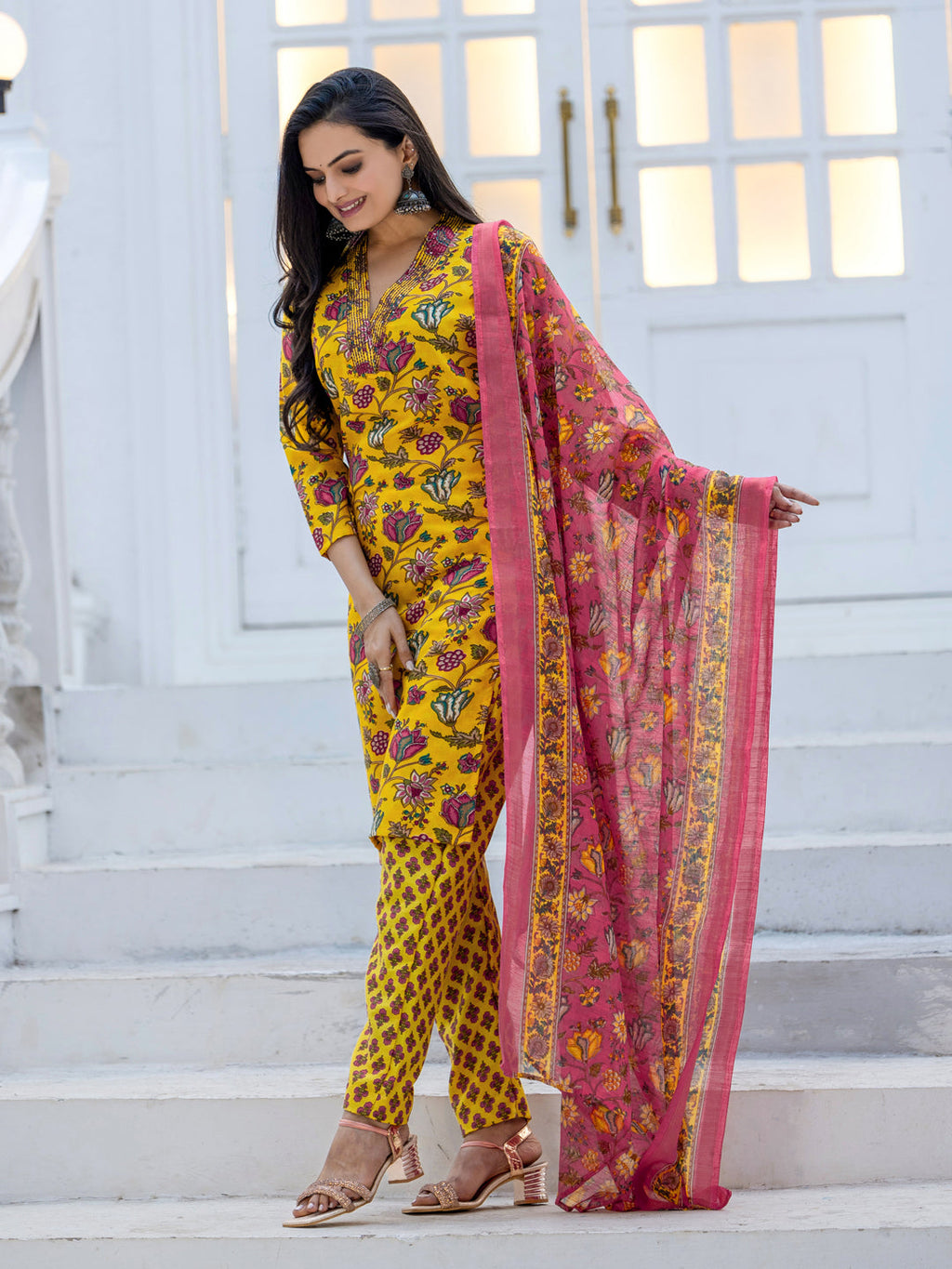 Jyoti Fashion Women's Yellow Rayon Print with Thread Designer Kurta Set with Dupatta - Distacart