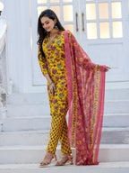Jyoti Fashion Women's Yellow Rayon Print with Thread Designer Kurta Set with Dupatta - Distacart