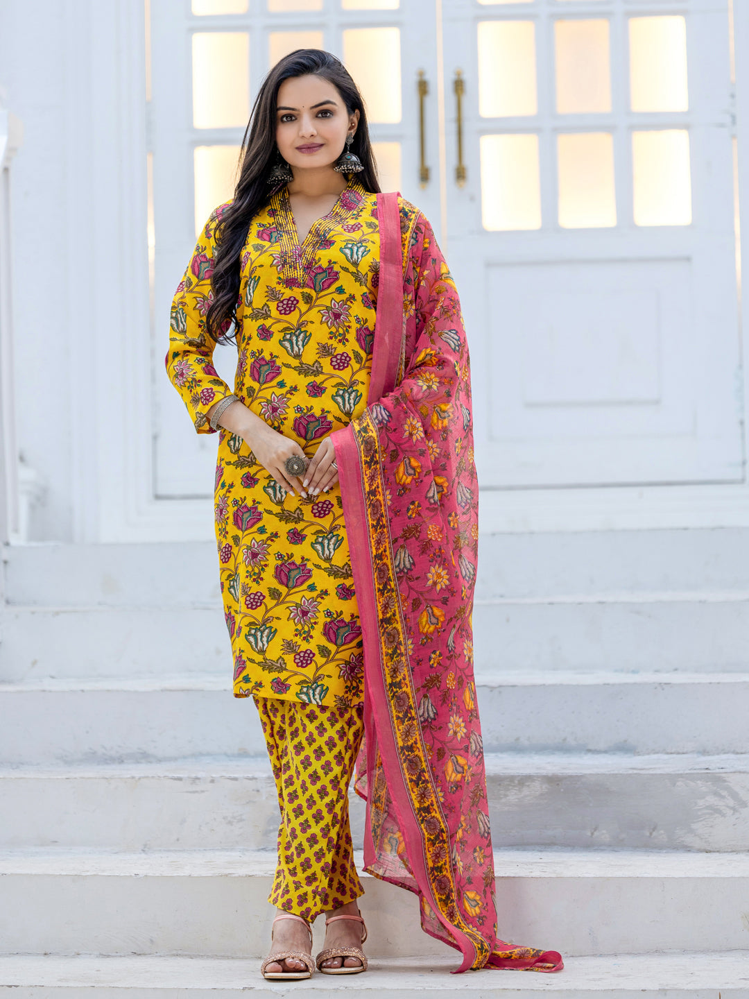 Jyoti Fashion Women's Yellow Rayon Print with Thread Designer Kurta Set with Dupatta - Distacart