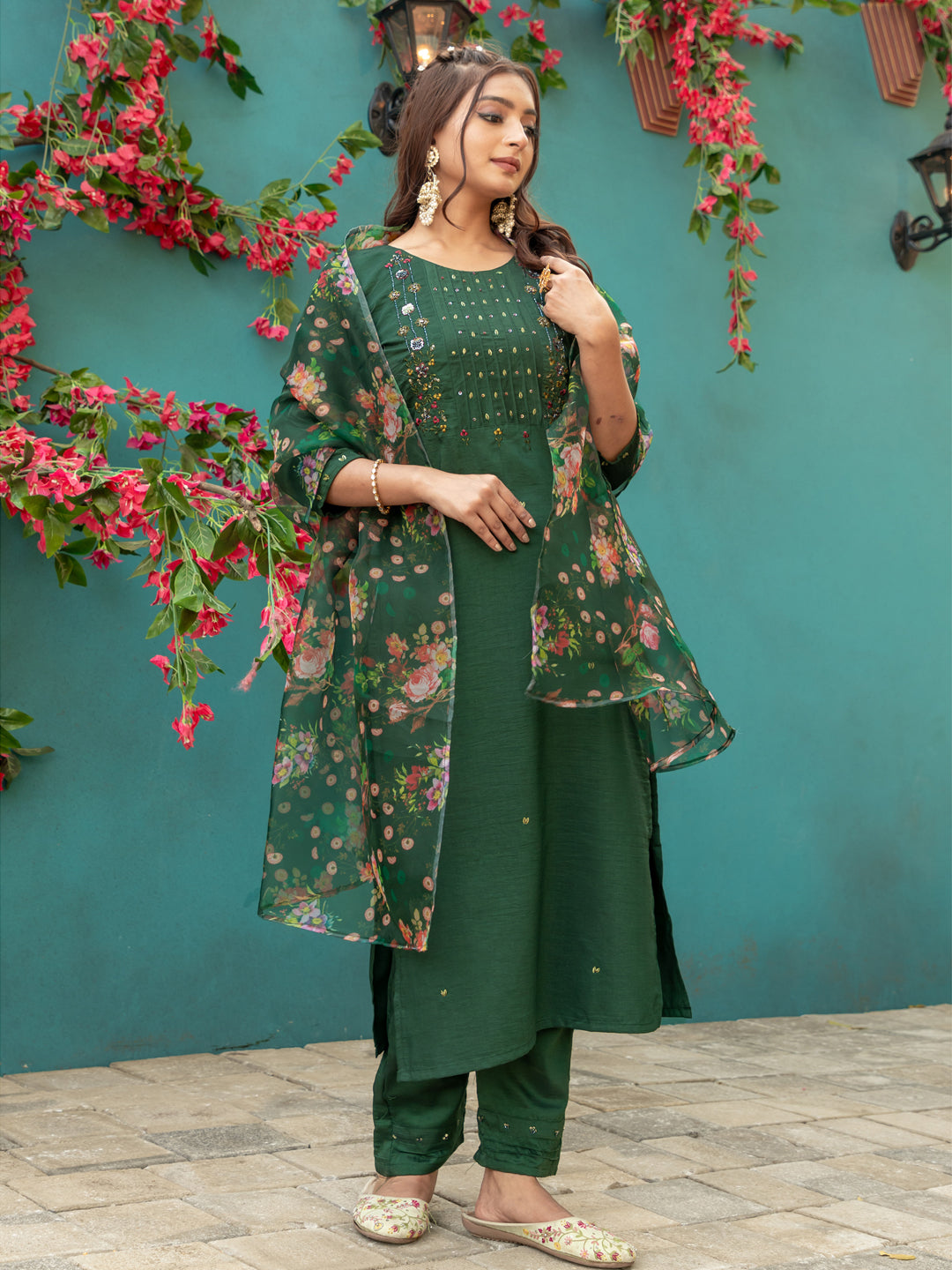 Jyoti Fashion Women's Bottle Green Silk Handwork Designer Kurta Set with Dupatta - Distacart