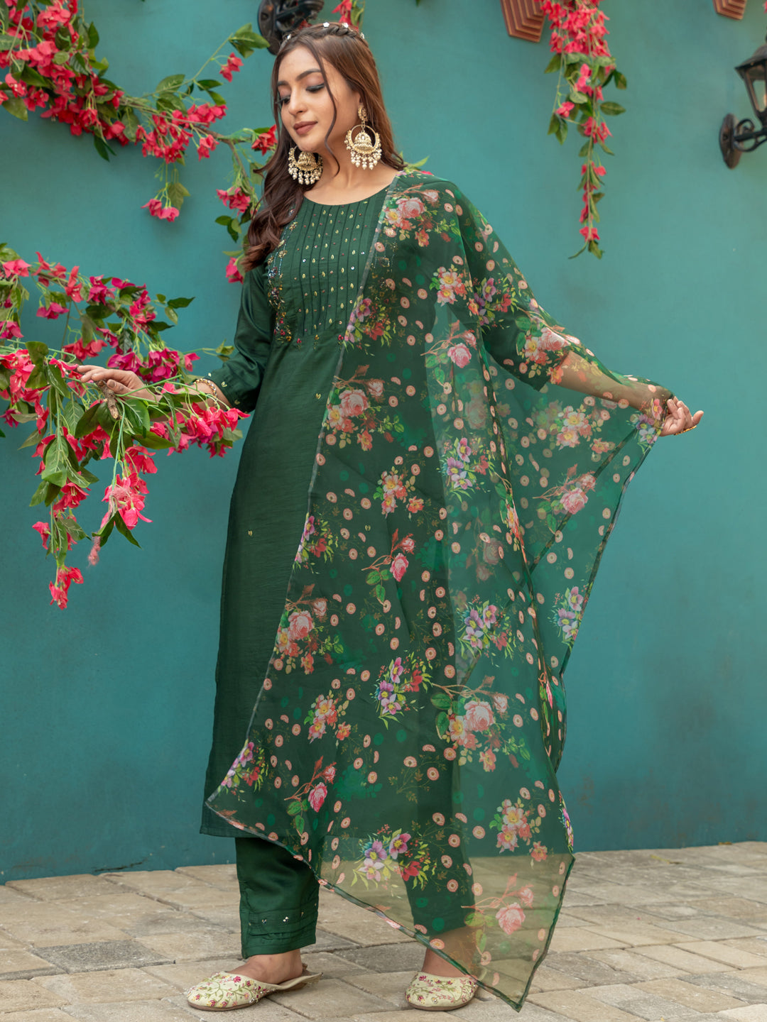 Jyoti Fashion Women's Bottle Green Silk Handwork Designer Kurta Set with Dupatta - Distacart
