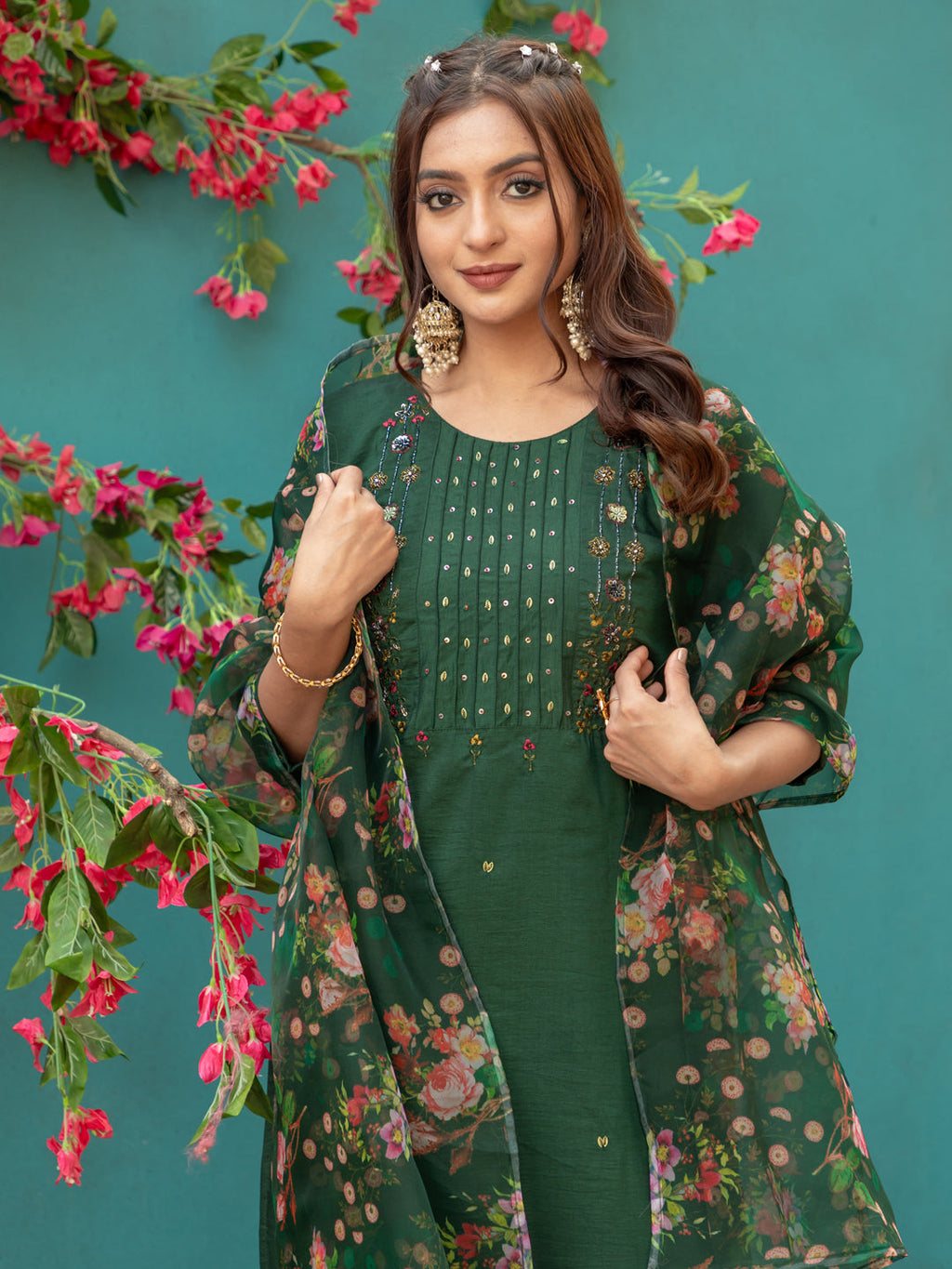 Jyoti Fashion Women's Bottle Green Silk Handwork Designer Kurta Set with Dupatta - Distacart