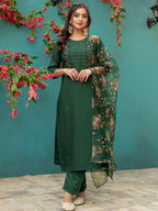 Jyoti Fashion Women's Bottle Green Silk Handwork Designer Kurta Set with Dupatta - Distacart