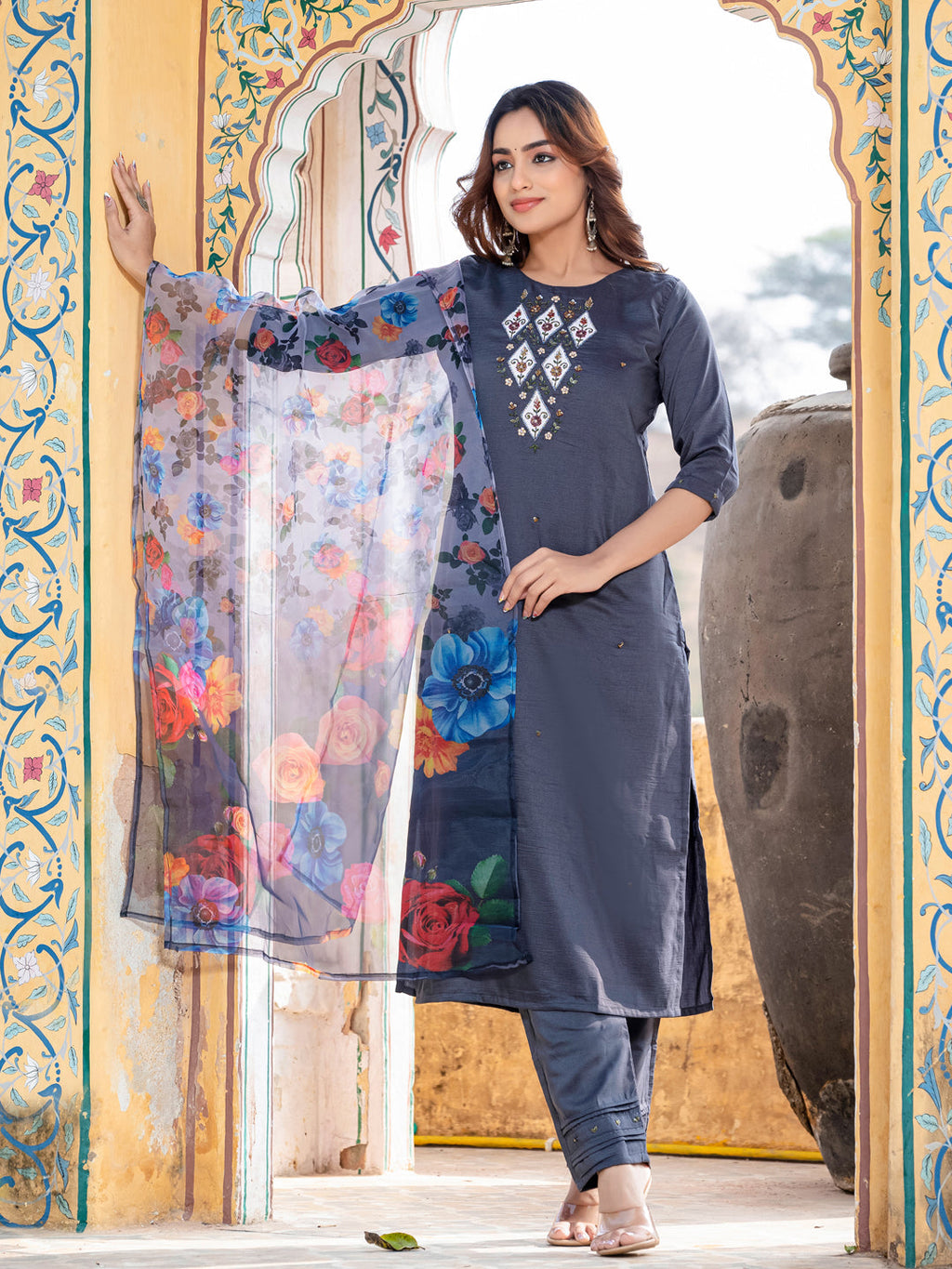 Jyoti Fashion Women's Gray Silk Handwork Designer Kurta Set with Dupatta - Distacart