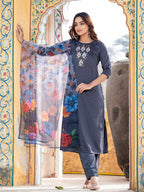 Jyoti Fashion Women's Gray Silk Handwork Designer Kurta Set with Dupatta - Distacart