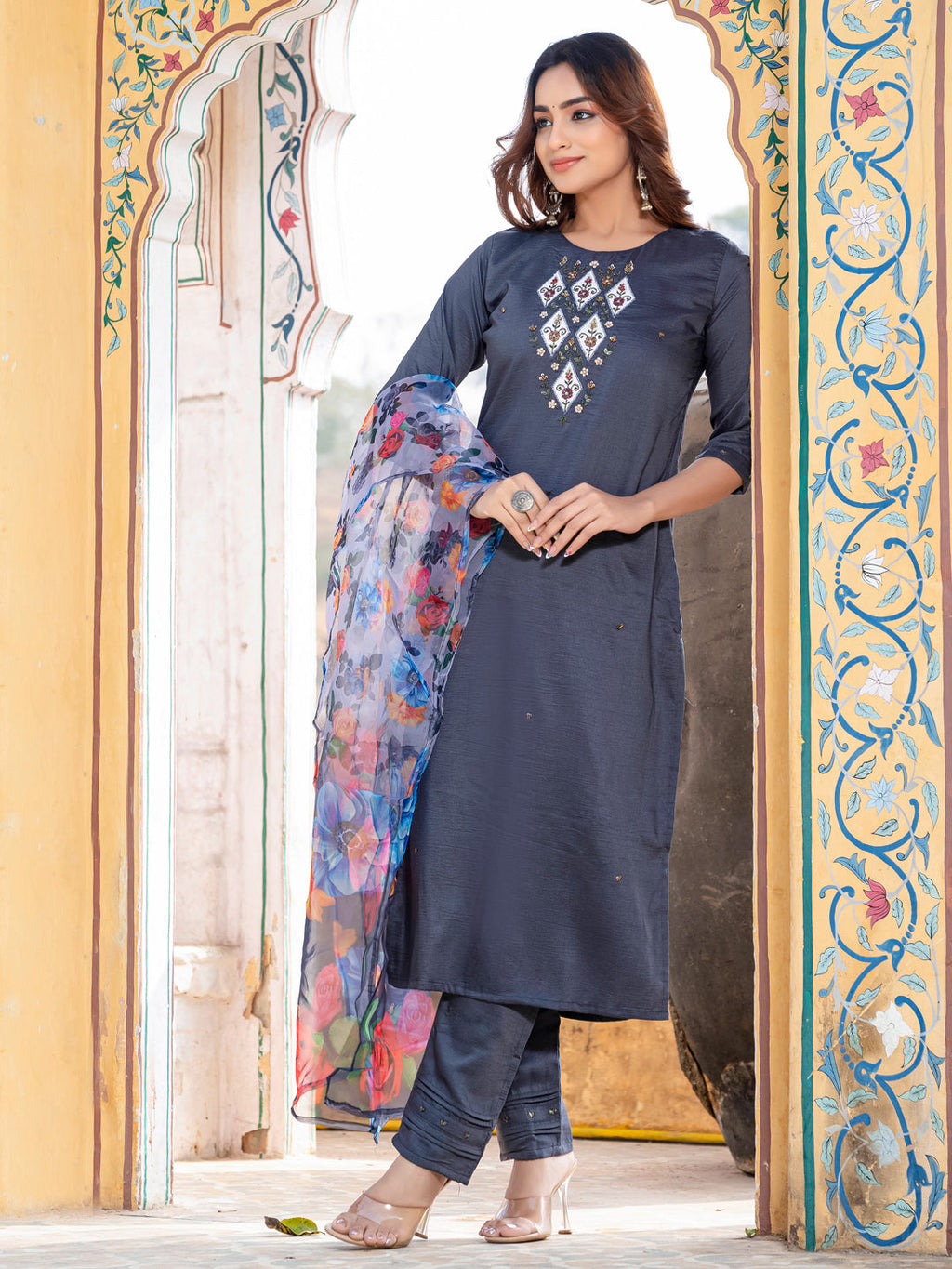 Jyoti Fashion Women's Gray Silk Handwork Designer Kurta Set with Dupatta - Distacart
