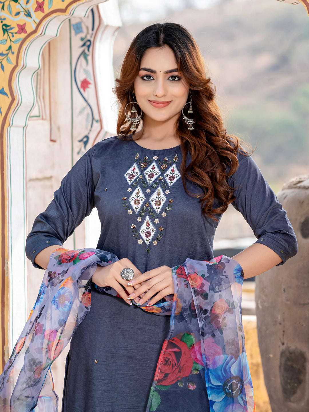 Jyoti Fashion Women's Gray Silk Handwork Designer Kurta Set with Dupatta - Distacart