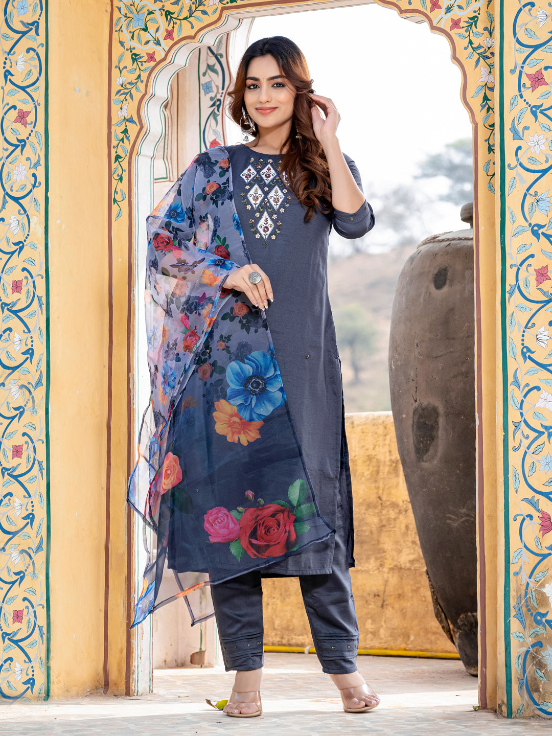 Jyoti Fashion Women's Gray Silk Handwork Designer Kurta Set with Dupatta - Distacart
