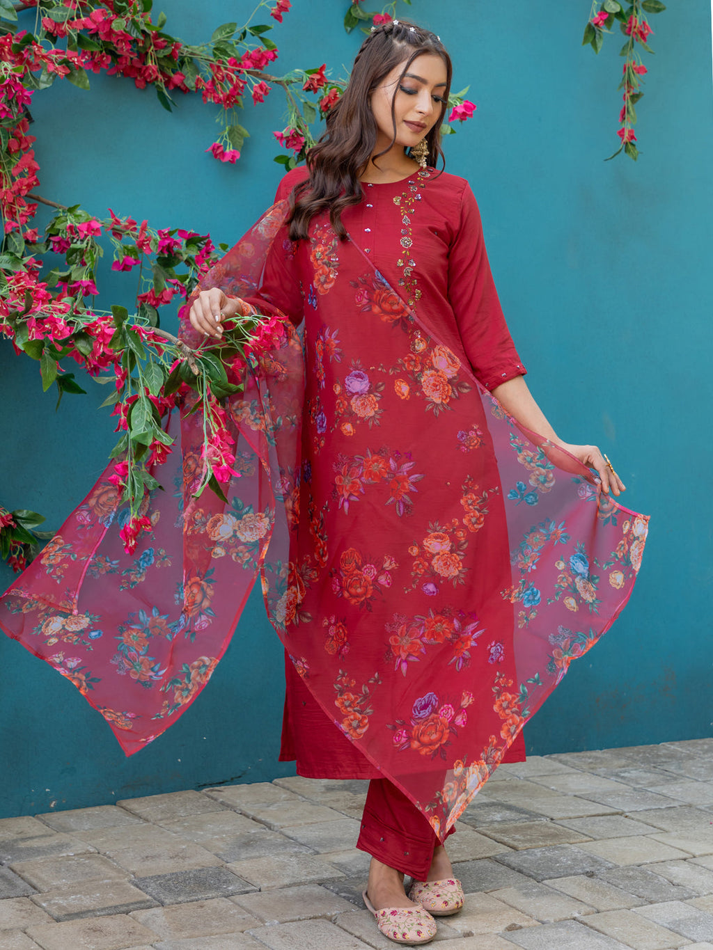 Jyoti Fashion Women's Maroon Silk Handwork Designer Kurta Set with Dupatta - Distacart
