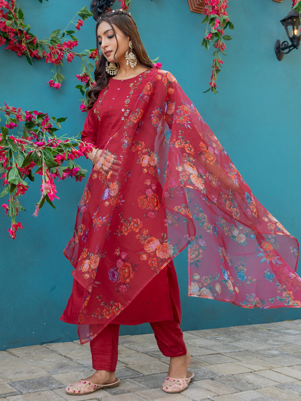 Jyoti Fashion Women's Maroon Silk Handwork Designer Kurta Set with Dupatta - Distacart