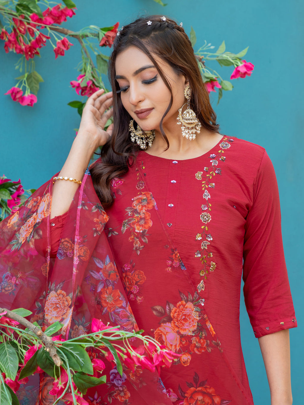Jyoti Fashion Women's Maroon Silk Handwork Designer Kurta Set with Dupatta - Distacart