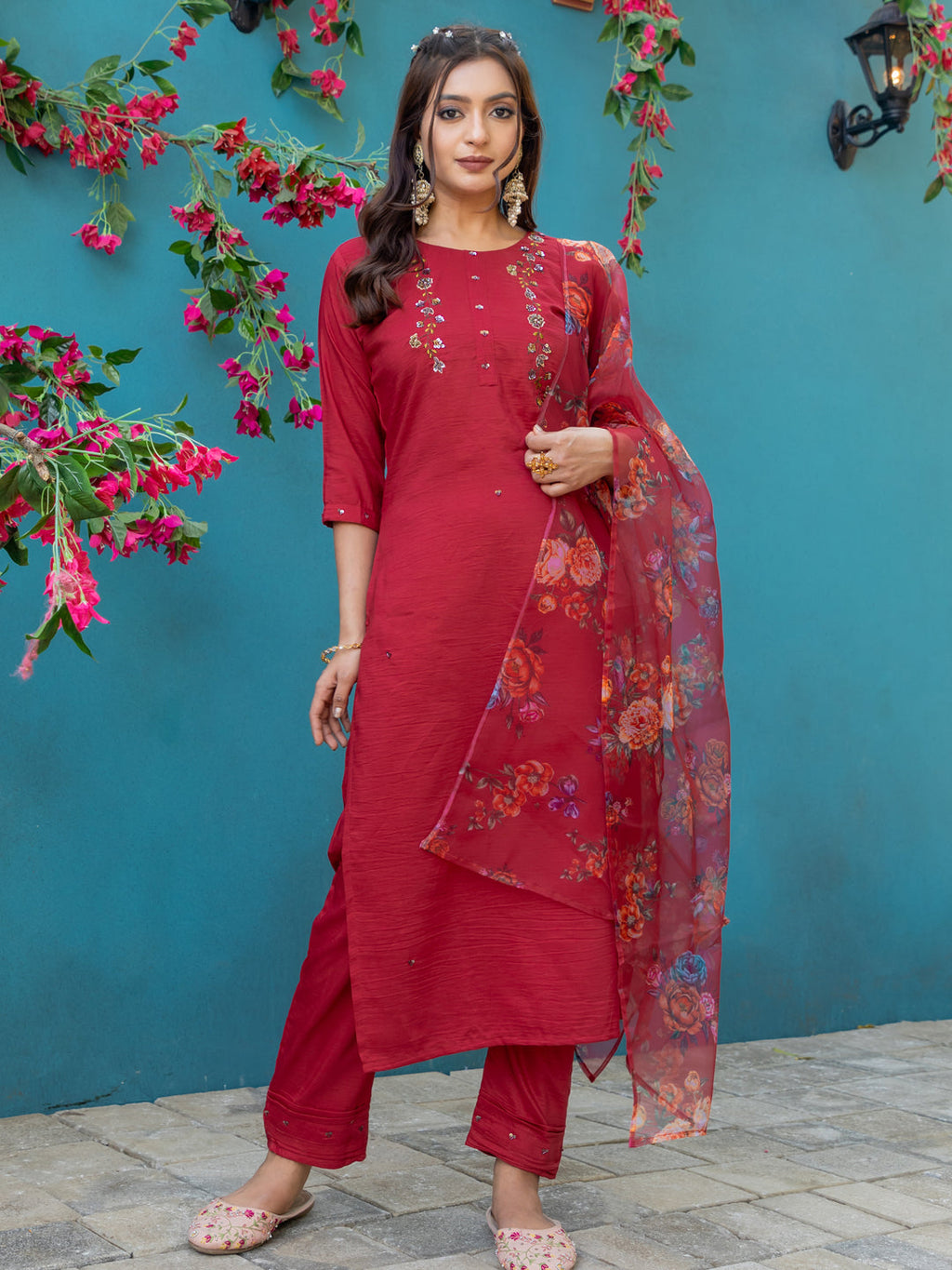 Jyoti Fashion Women's Maroon Silk Handwork Designer Kurta Set with Dupatta - Distacart