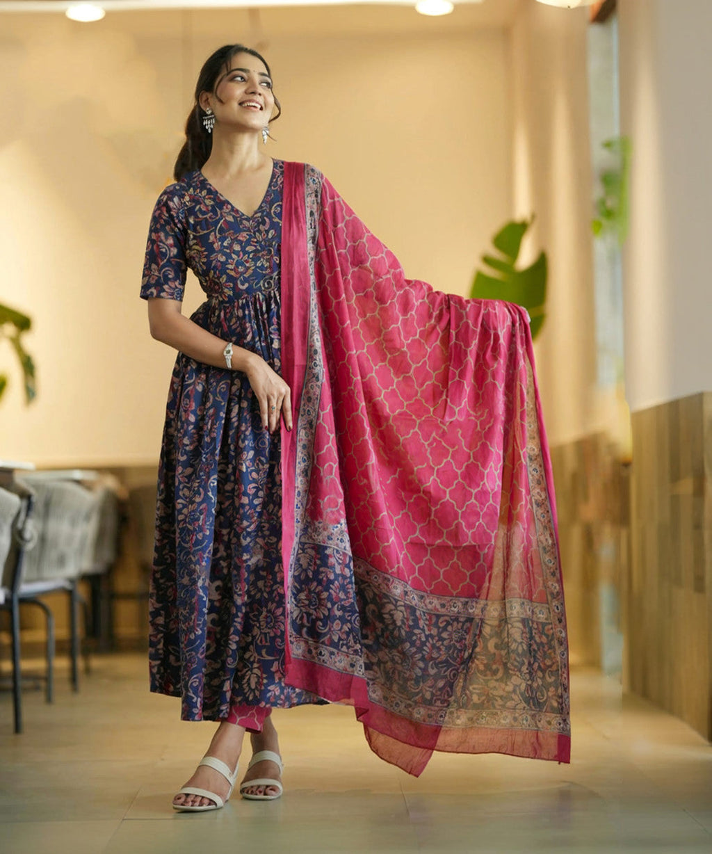 Jyoti Fashion Women's Navy Blue Rayon Printed Designer Kurta Set with Dupatta - Distacart