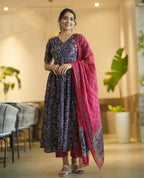 Jyoti Fashion Women's Navy Blue Rayon Printed Designer Kurta Set with Dupatta - Distacart