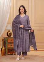 Jyoti Fashion Women's Wine Rayon Printed Designer Kurta Set with Dupatta - Distacart
