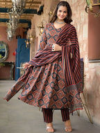 Jyoti Fashion Women's Maroon Rayon Printed Designer Kurta Set with Dupatta - Distacart