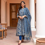 Jyoti Fashion Women's Navy Blue Rayon Printed Designer Kurta Set with Dupatta - Distacart