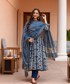 Jyoti Fashion Women's Navy Blue Rayon Printed Designer Kurta Set with Dupatta - Distacart