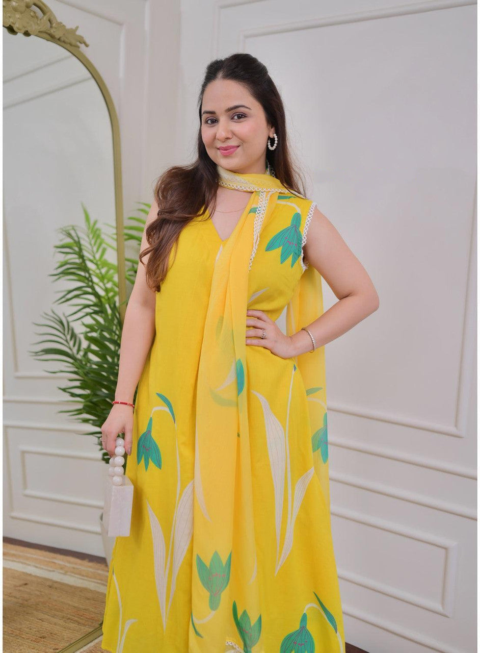 Jyoti Fashion Women's Yellow Rayon Printed Designer Kurta Set with Dupatta - Distacart