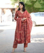 Jyoti Fashion Women's Maroon Rayon Printed Designer Kurta Set with Dupatta - Distacart