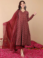 Jyoti Fashion Women's Maroon Rayon Printed Designer Kurta Set with Dupatta - Distacart