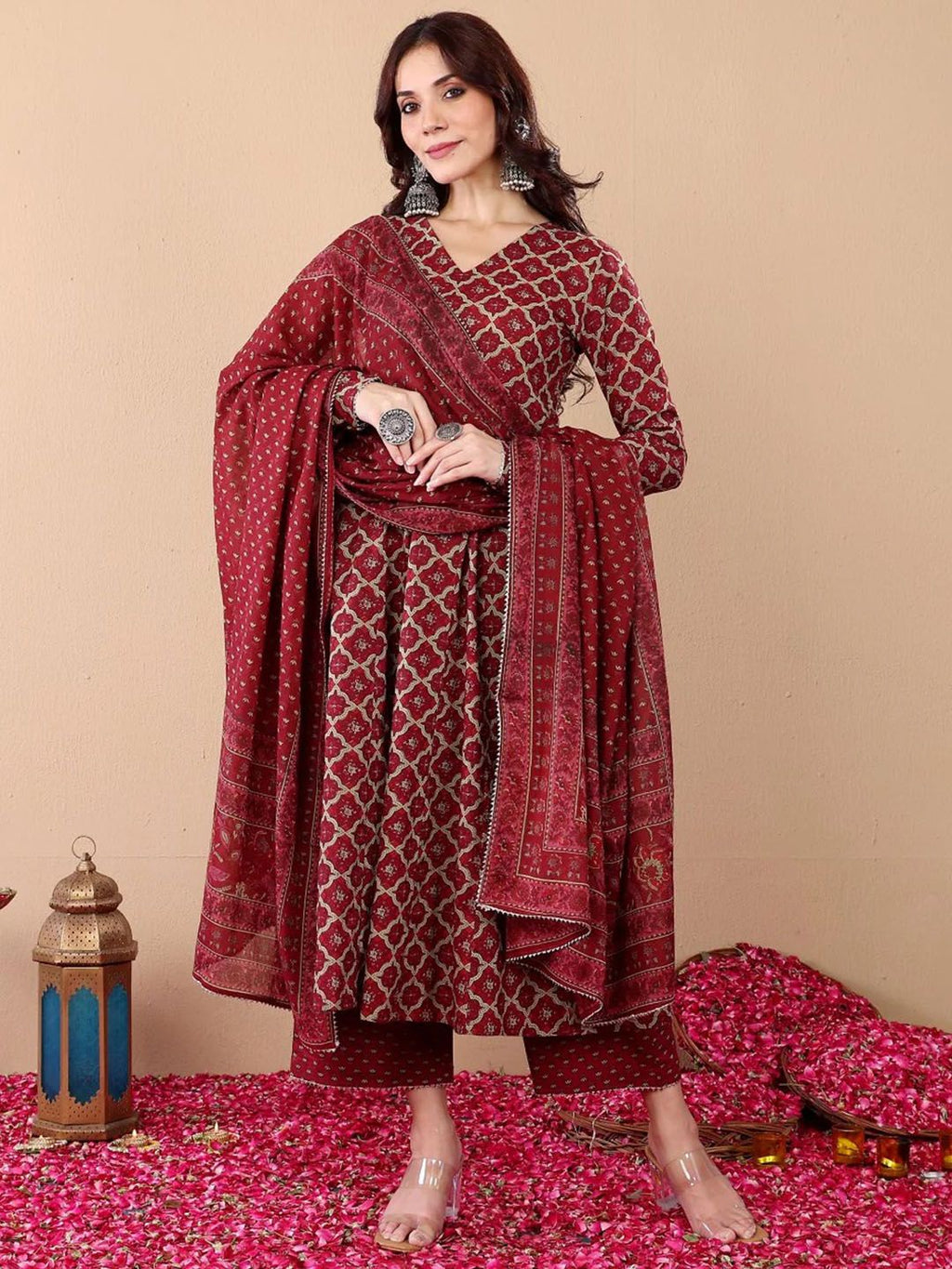 Jyoti Fashion Women's Maroon Rayon Printed Designer Kurta Set with Dupatta - Distacart