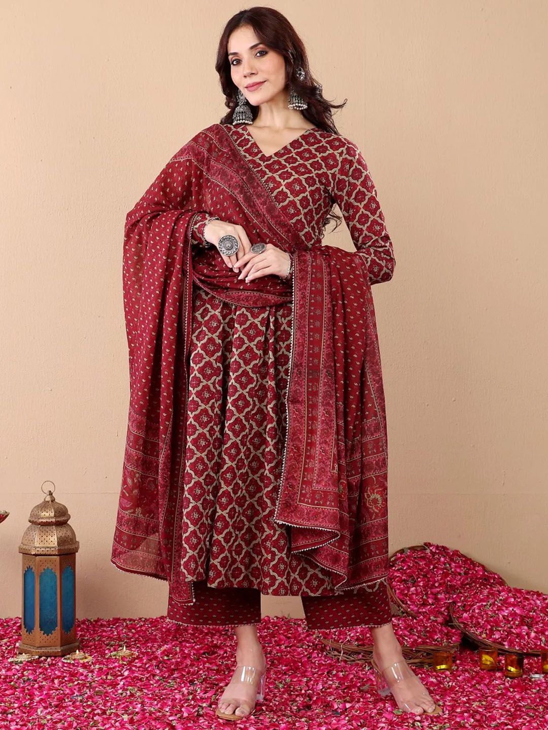 Jyoti Fashion Women's Maroon Rayon Printed Designer Kurta Set with Dupatta - Distacart