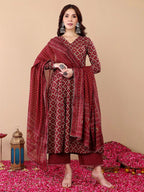 Jyoti Fashion Women's Maroon Rayon Printed Designer Kurta Set with Dupatta - Distacart