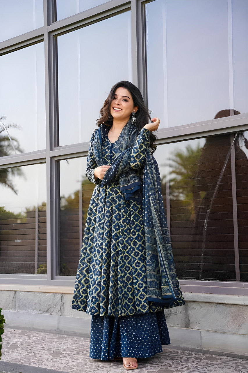 Jyoti Fashion Women's Navy Blue Rayon Printed Designer Kurta Set with Dupatta - Distacart