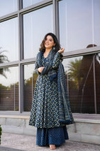 Jyoti Fashion Women's Navy Blue Rayon Printed Designer Kurta Set with Dupatta - Distacart