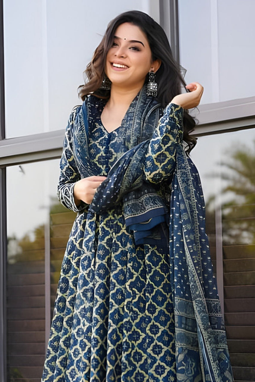 Jyoti Fashion Women's Navy Blue Rayon Printed Designer Kurta Set with Dupatta - Distacart