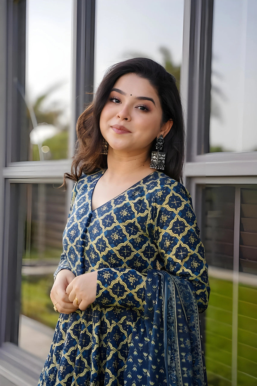 Jyoti Fashion Women's Navy Blue Rayon Printed Designer Kurta Set with Dupatta - Distacart