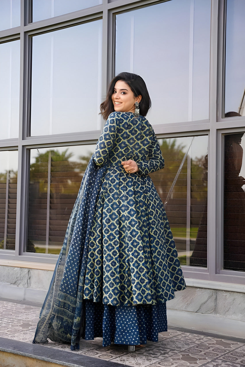 Jyoti Fashion Women's Navy Blue Rayon Printed Designer Kurta Set with Dupatta - Distacart