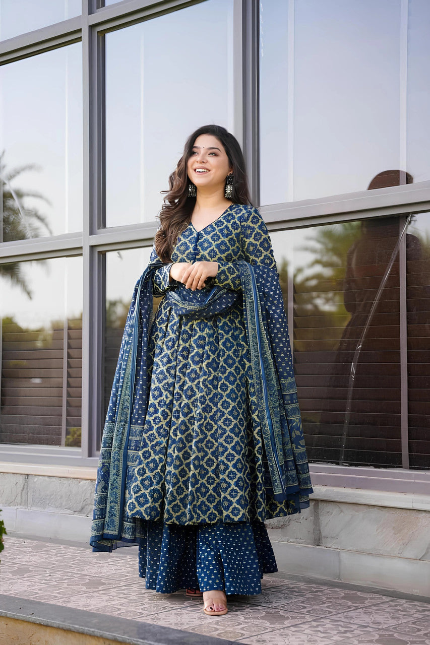 Jyoti Fashion Women's Navy Blue Rayon Printed Designer Kurta Set with Dupatta - Distacart