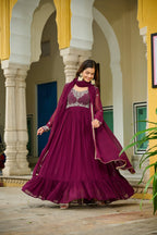 Jyoti Fashion Women's Wine Faux Blooming Beads Embroidered Anarkali Set With Dupatta - Distacart