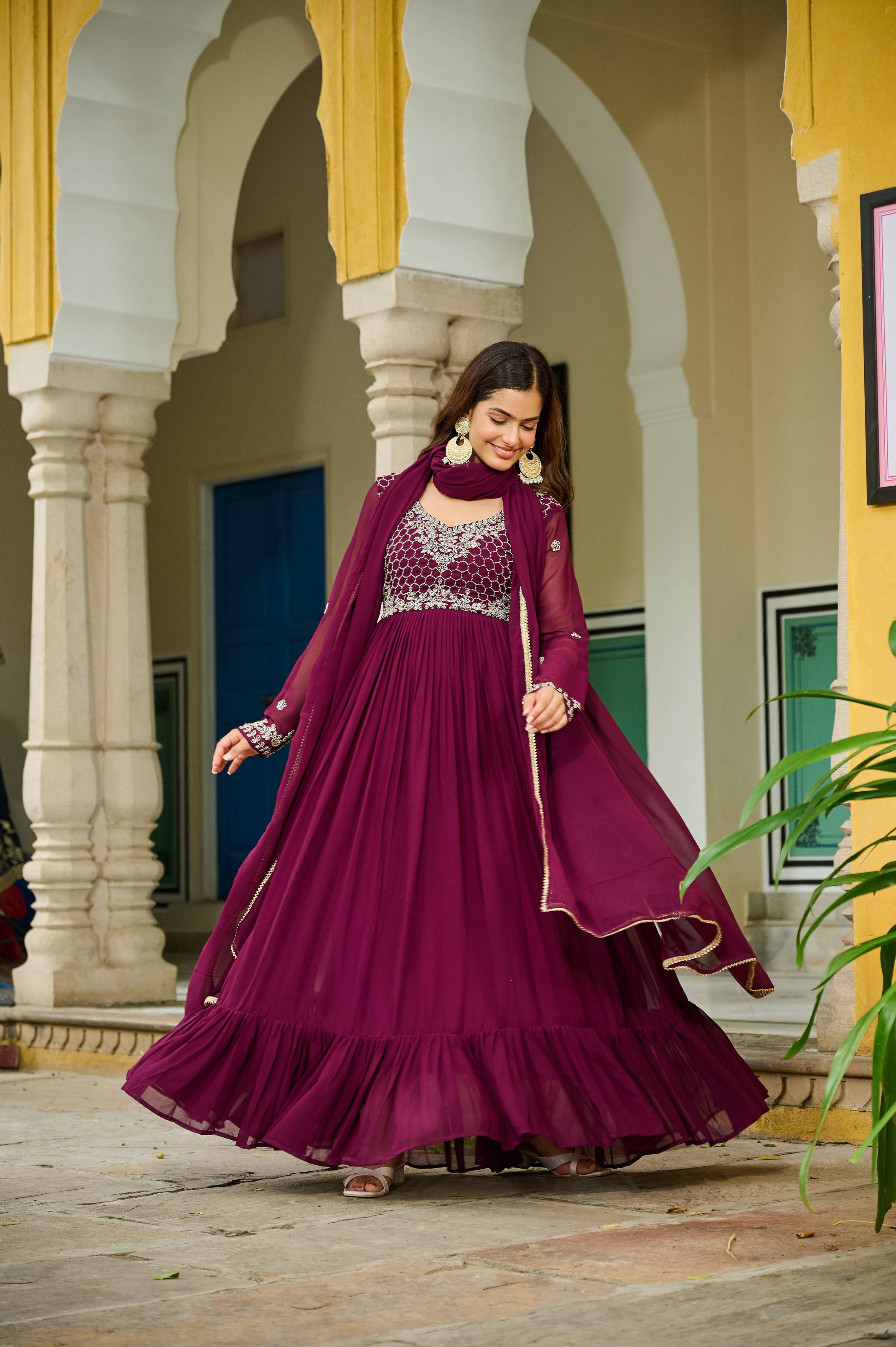 Jyoti Fashion Women's Wine Faux Blooming Beads Embroidered Anarkali Set With Dupatta - Distacart