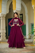 Jyoti Fashion Women's Wine Faux Blooming Beads Embroidered Anarkali Set With Dupatta - Distacart
