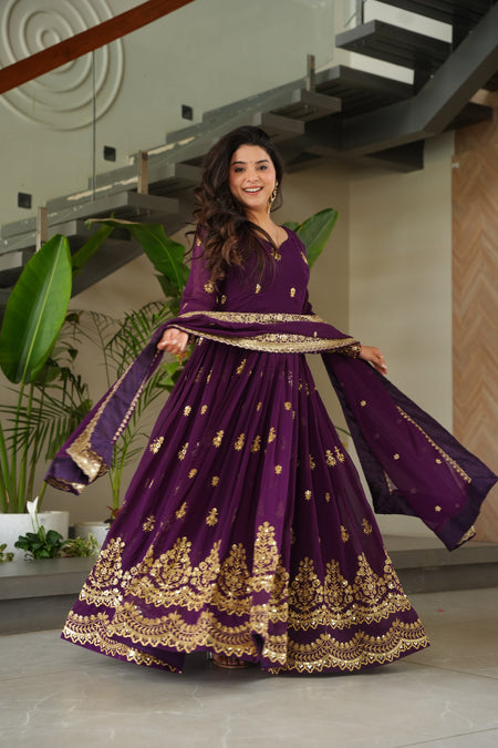 Jyoti Fashion Women's Purple Faux Blooming Sequins Zari Embroidered Anarkali Set With Dupatta