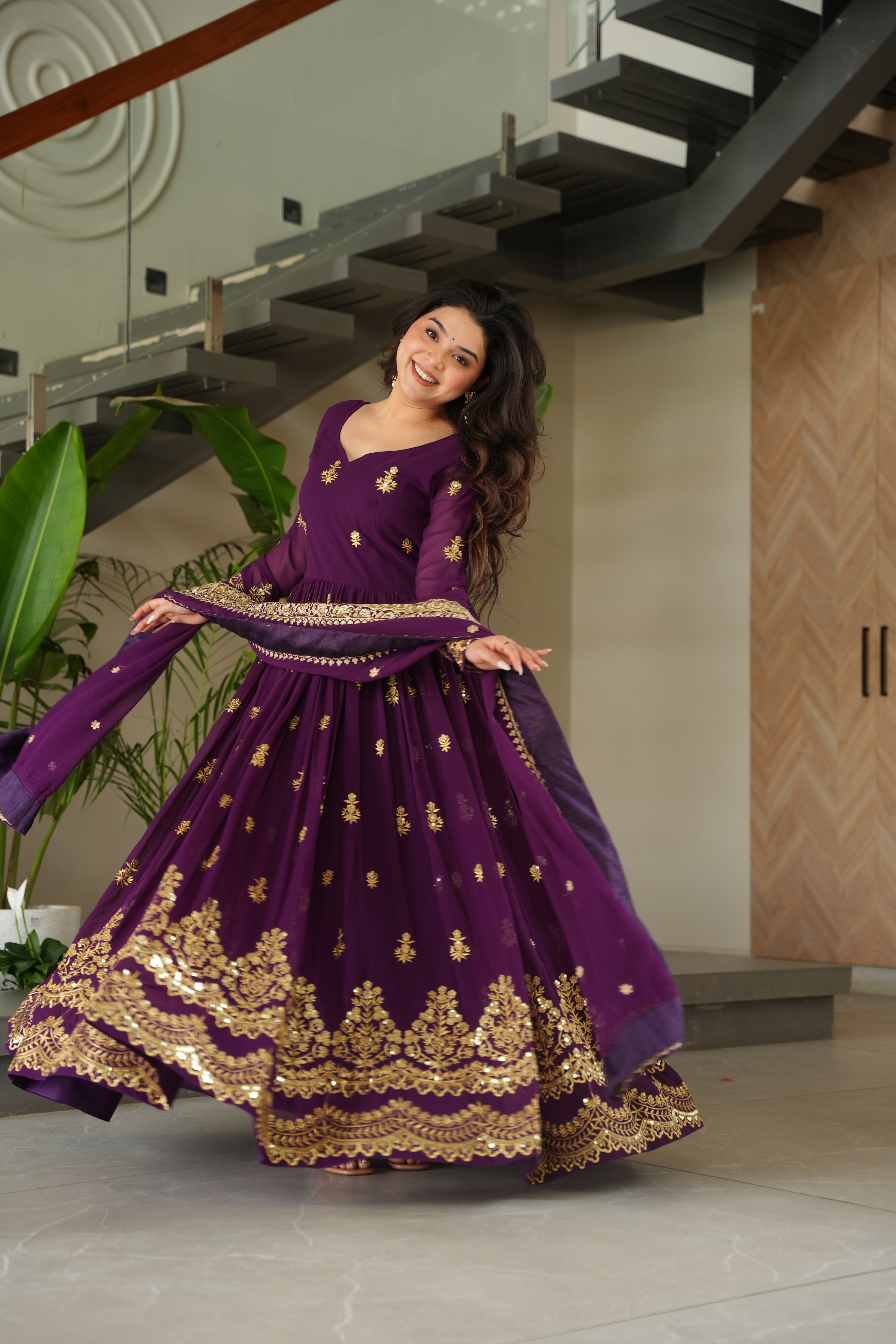Jyoti Fashion Women's Purple Faux Blooming Sequins Zari Embroidered Anarkali Set With Dupatta - Distacart