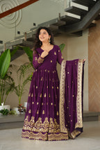 Jyoti Fashion Women's Purple Faux Blooming Sequins Zari Embroidered Anarkali Set With Dupatta - Distacart