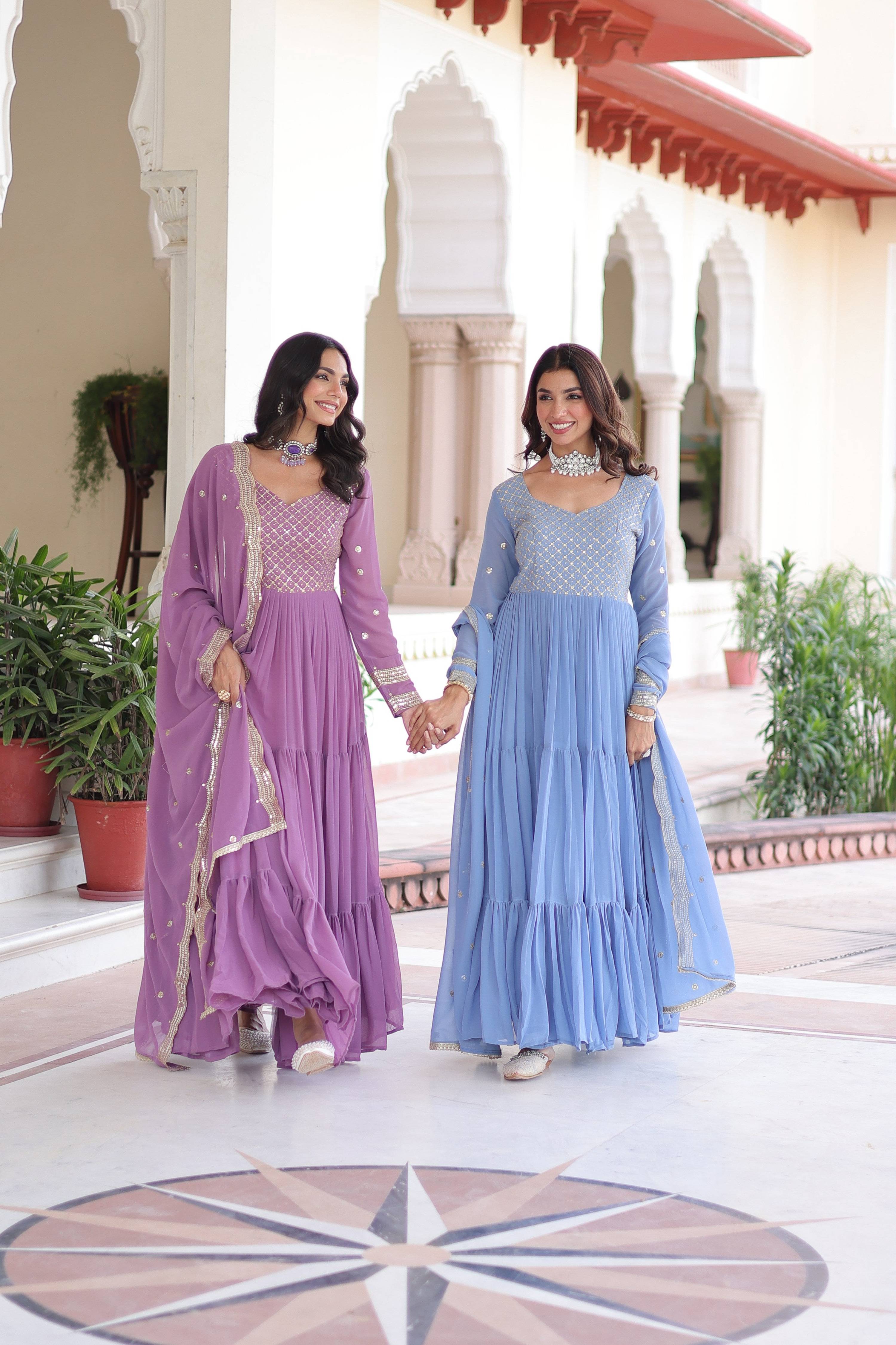 Jyoti Fashion Women's Purple & Sky Blue Faux Georgette Embroidered Combo Anarkali Set With Dupatta - Distacart