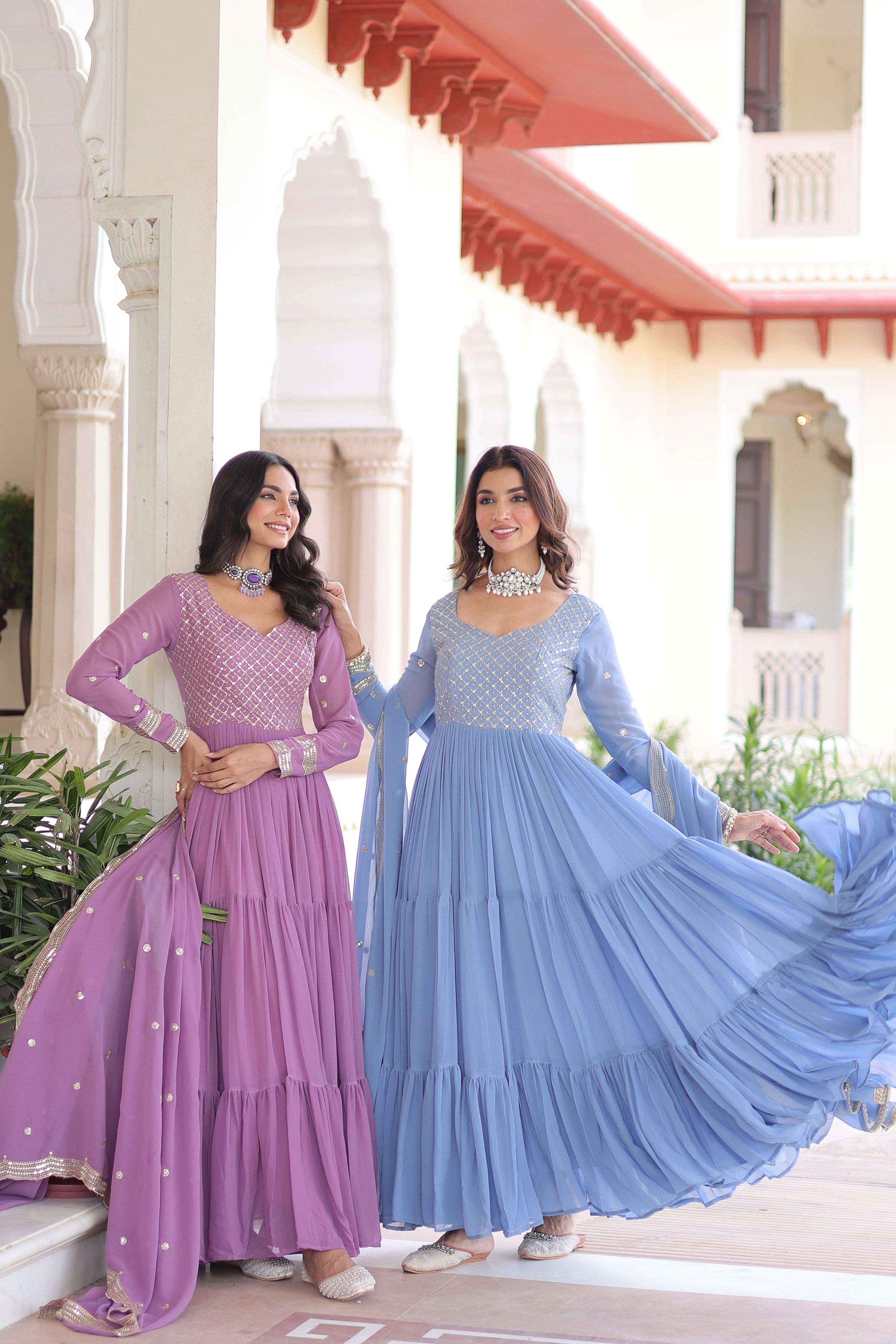 Jyoti Fashion Women's Purple & Sky Blue Faux Georgette Embroidered Combo Anarkali Set With Dupatta - Distacart