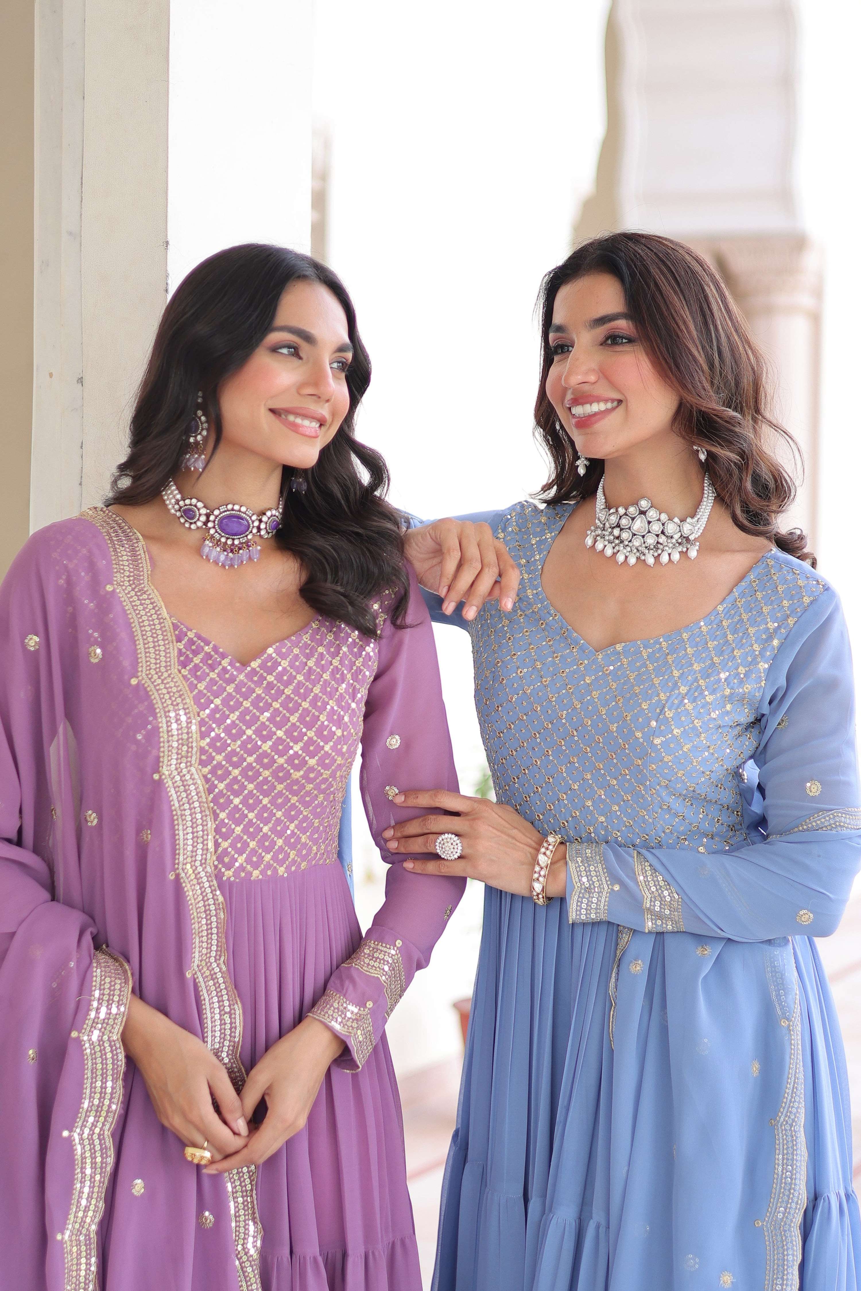 Jyoti Fashion Women's Purple & Sky Blue Faux Georgette Embroidered Combo Anarkali Set With Dupatta - Distacart