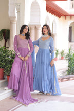 Jyoti Fashion Women's Purple & Sky Blue Faux Georgette Embroidered Combo Anarkali Set With Dupatta - Distacart