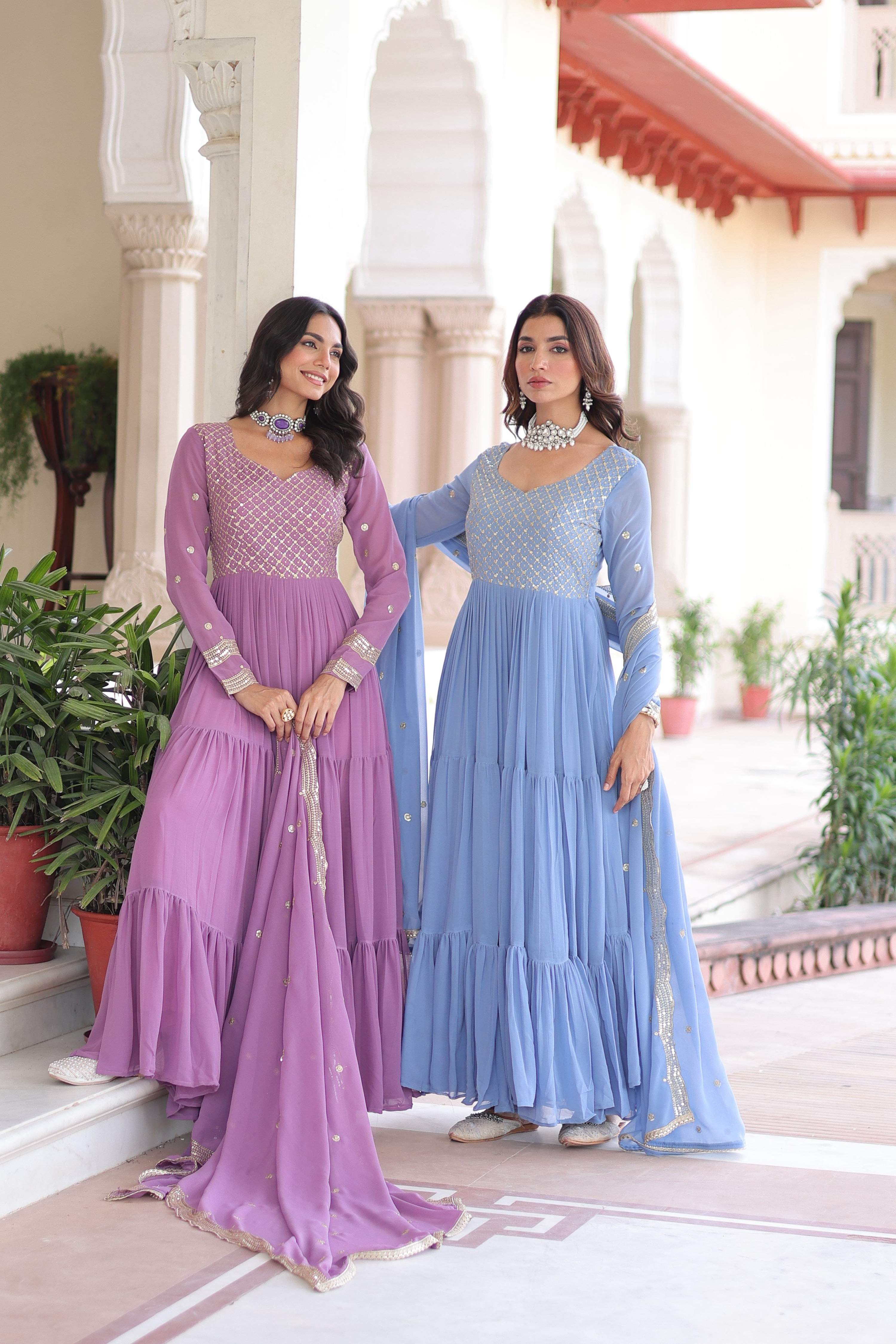 Jyoti Fashion Women's Purple & Sky Blue Faux Georgette Embroidered Combo Anarkali Set With Dupatta - Distacart