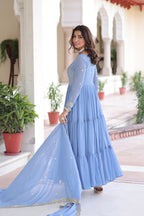Jyoti Fashion Women's Sky Blue Faux Georgette Sequins Zari Embroidered Anarkali Set With Dupatta - Distacart