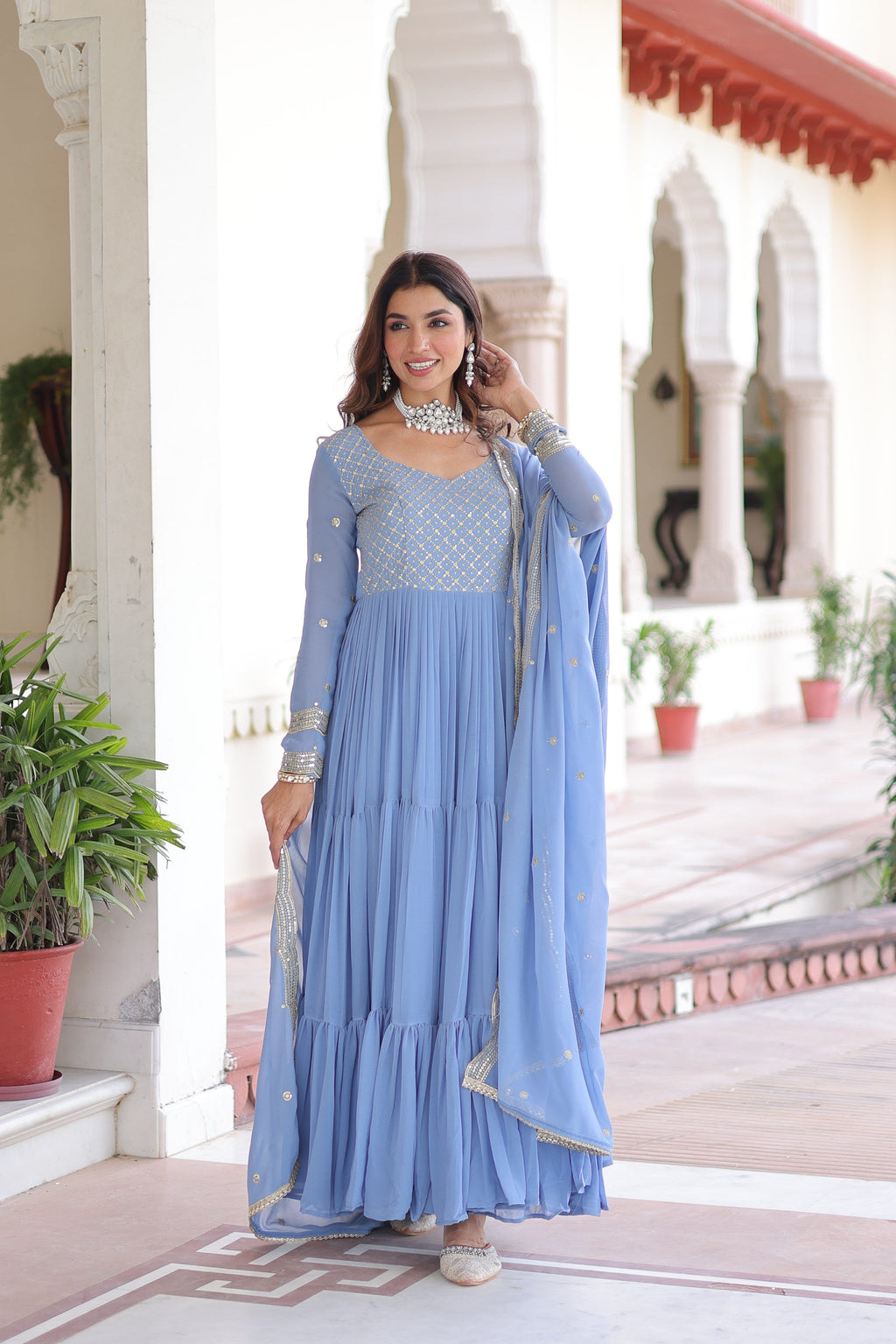 Jyoti Fashion Women's Sky Blue Faux Georgette Sequins Zari Embroidered Anarkali Set With Dupatta - Distacart