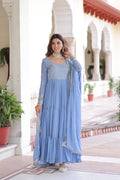 Jyoti Fashion Women's Sky Blue Faux Georgette Sequins Zari Embroidered Anarkali Set With Dupatta - Distacart