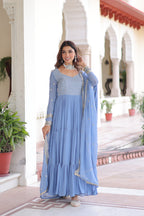 Jyoti Fashion Women's Sky Blue Faux Georgette Sequins Zari Embroidered Anarkali Set With Dupatta - Distacart