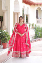 Jyoti Fashion Women's Pink Vichitra Silk Sequins Zari Embroidered Anarkali Set With Dupatta - Distacart